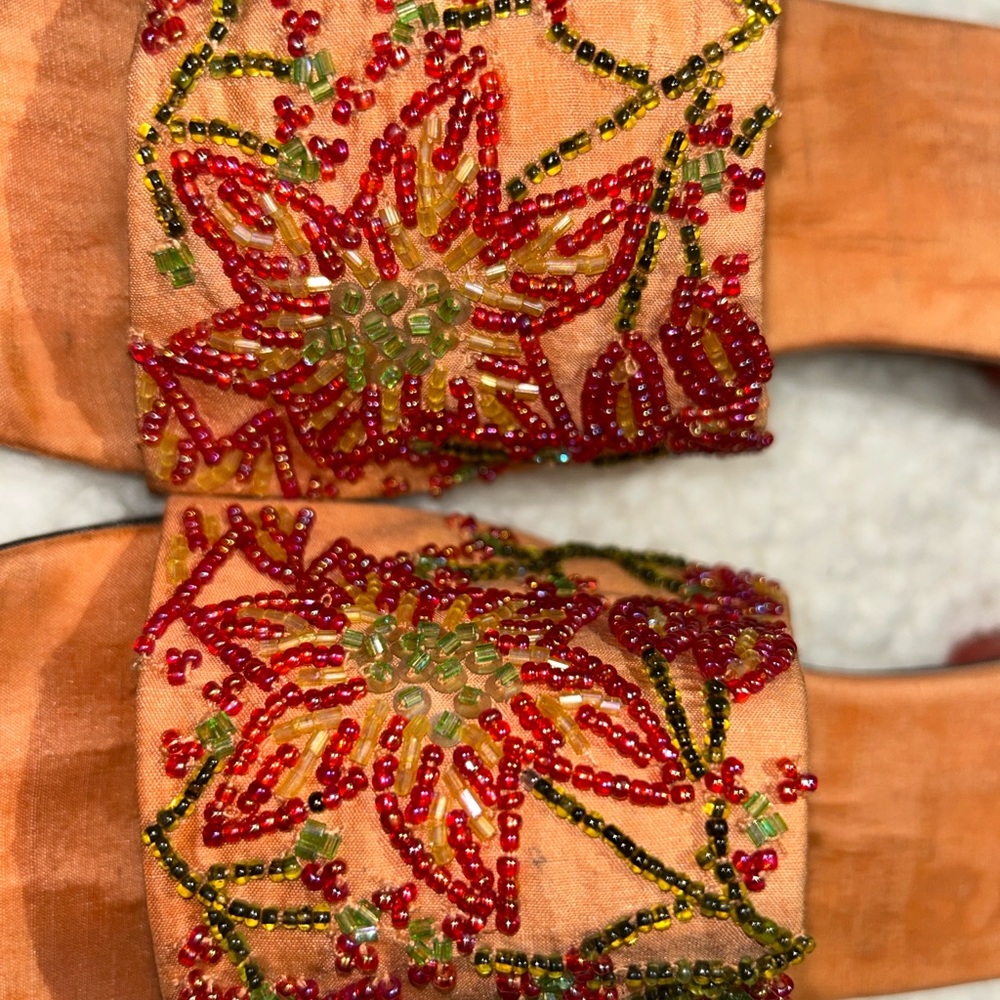 Beaded Silk Slide Sandals Size 10 Made in India Floral Boho Wooden Heel Resort - Picture 3 of 8